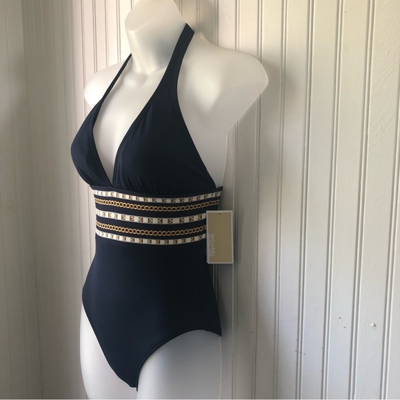 MICHAEL KORS Retail $114 Navy Halter One Piece Swimsuit Chain Border Size 6 - Picture 3 of 6